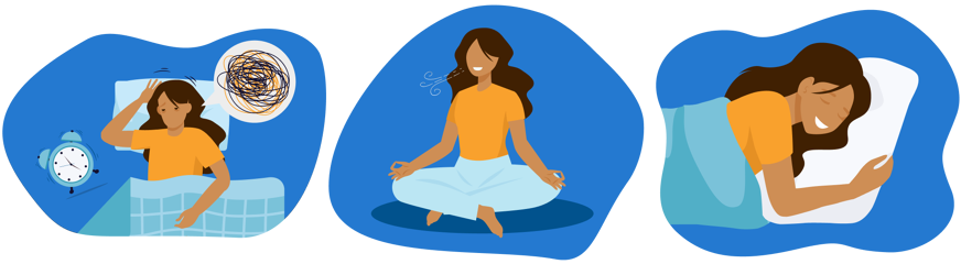 Desenho composto por 3 quadros: uma mulher deitada na cama ao lado de um relógio e com pensamentos confusos, a mulher meditando e a mulher dormindo sorrindo.